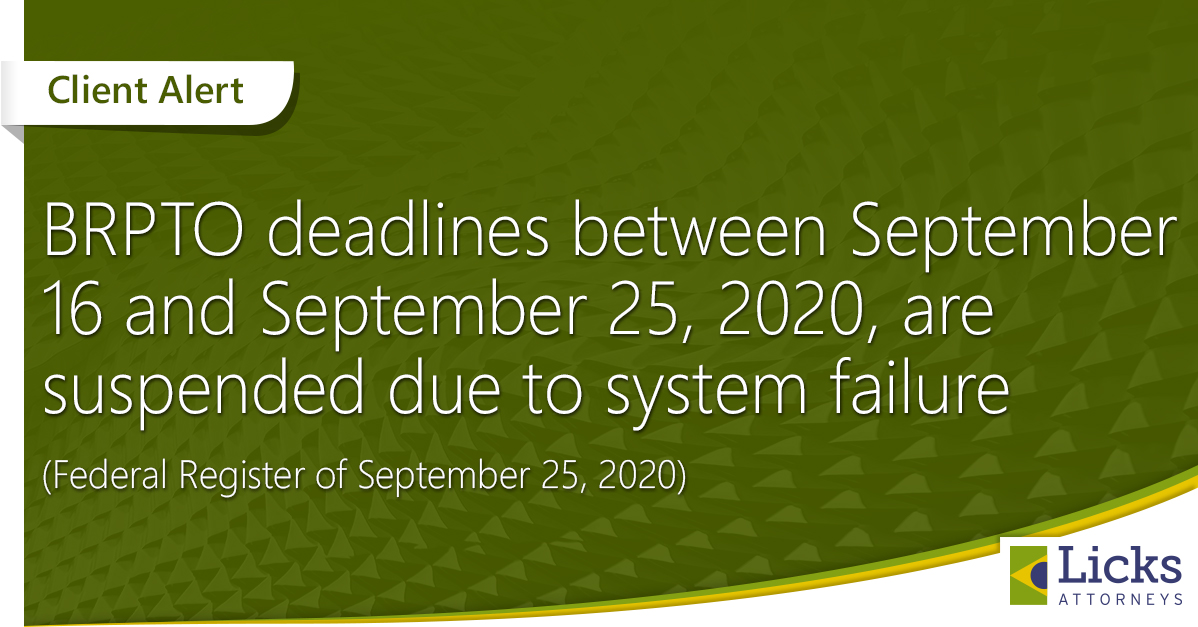 BRPTO deadlines between September 16 and September 25, 2020, are suspended due to system failure